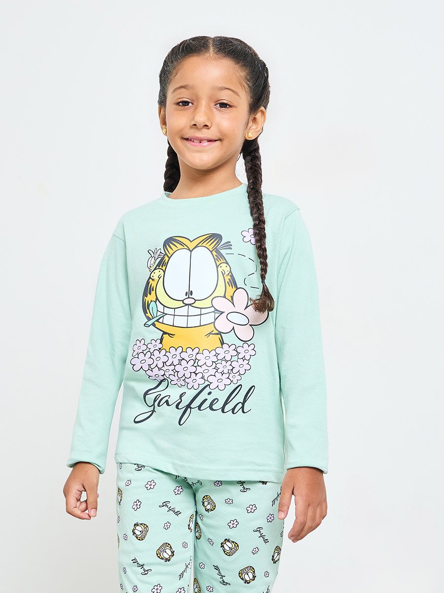 Girls Garfield Cotton Long Sleeve T-Shirt and Pyjama Set