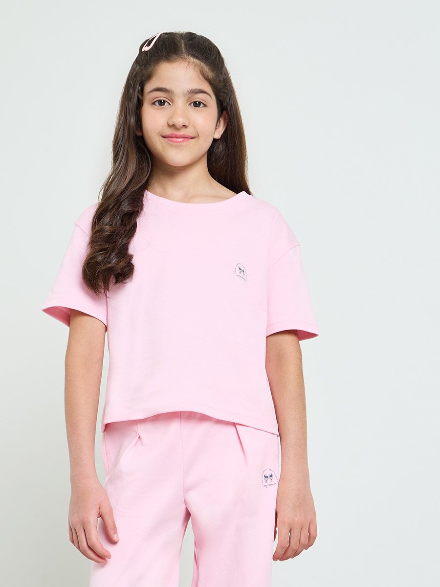 Girls Light Pink Crop Top with Straight Leg Joggers Set