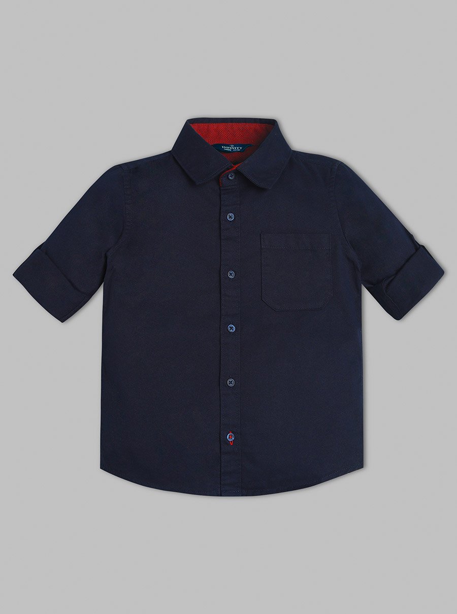 Kids Navy Blue Solid Cotton Long Sleeves Shirt