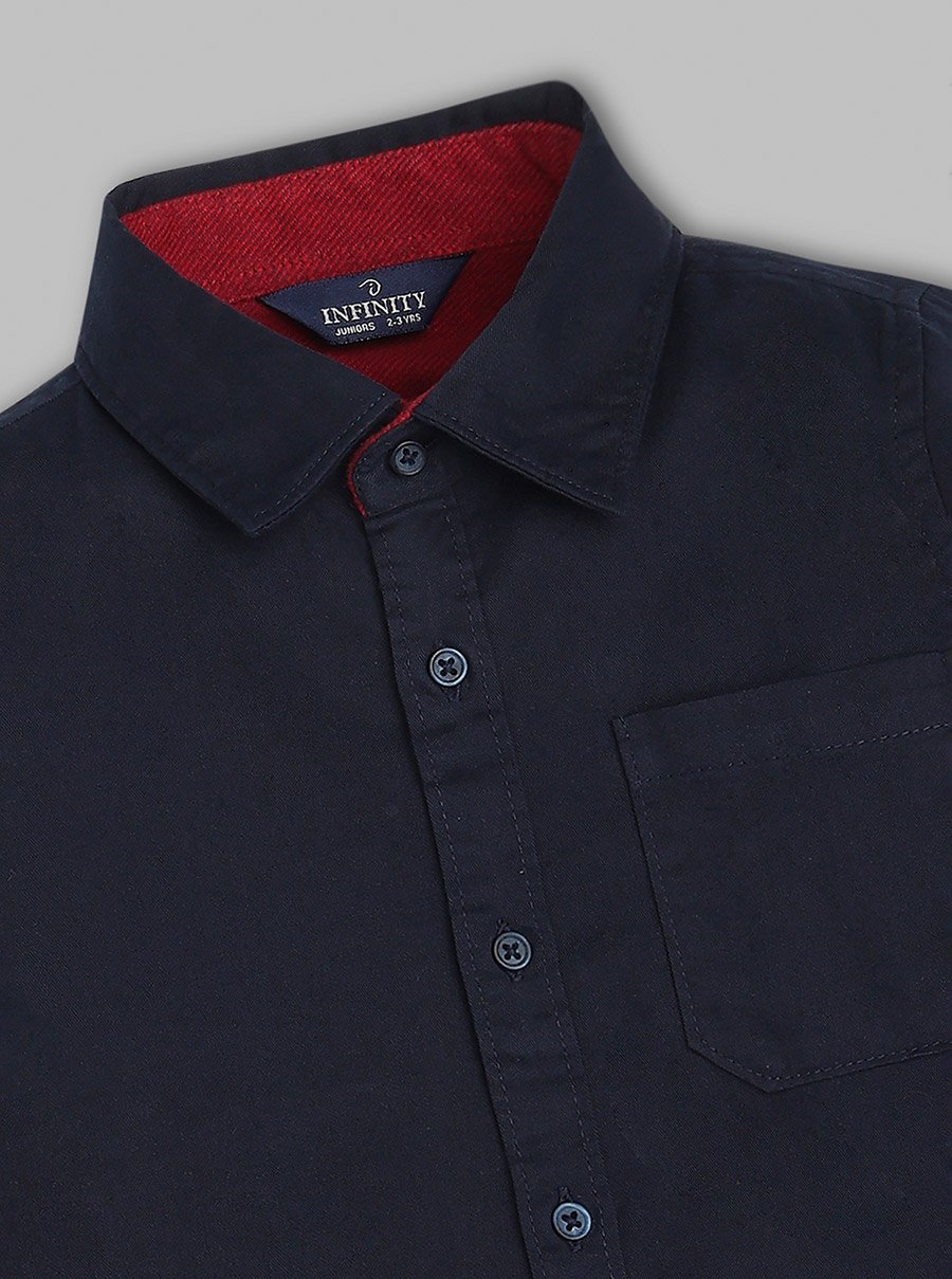 Kids Navy Blue Solid Cotton Long Sleeves Shirt