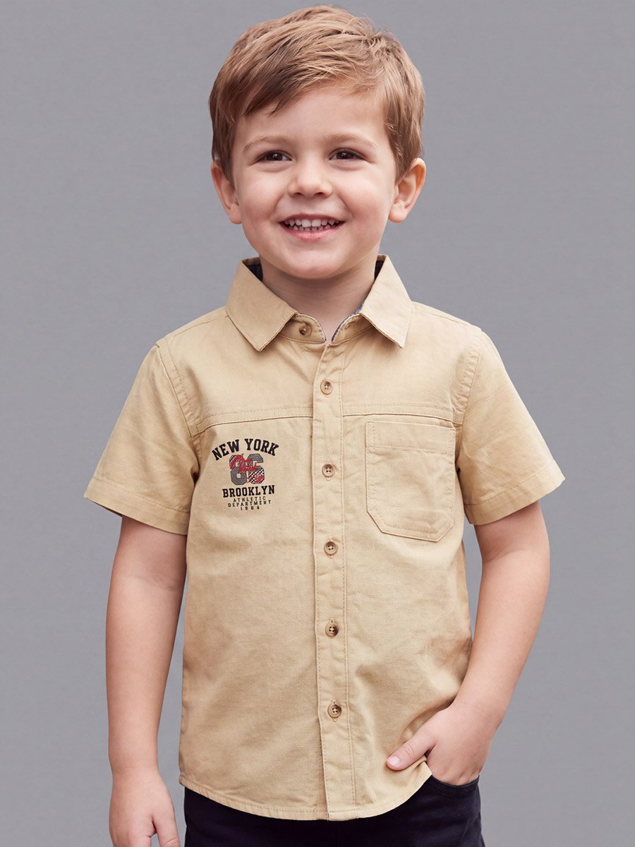 Kids Beige Cotton Short Sleeves Shirt