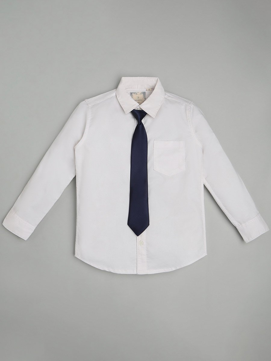 Kids White Regular Fit Shirt with Navy Tie