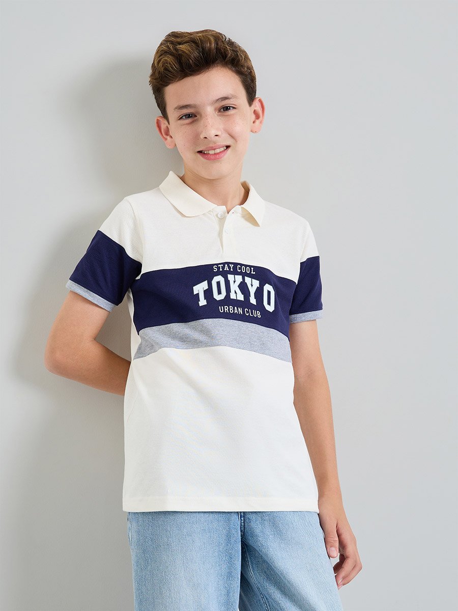 Boys Color Block Polo T-Shirt with Text Print