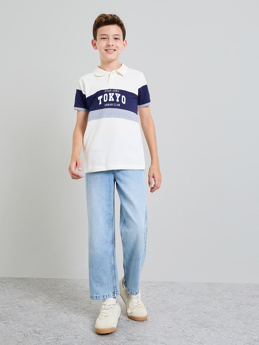 Boys Color Block Polo T-Shirt with Text Print