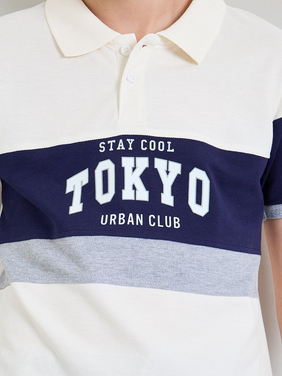 Boys Color Block Polo T-Shirt with Text Print