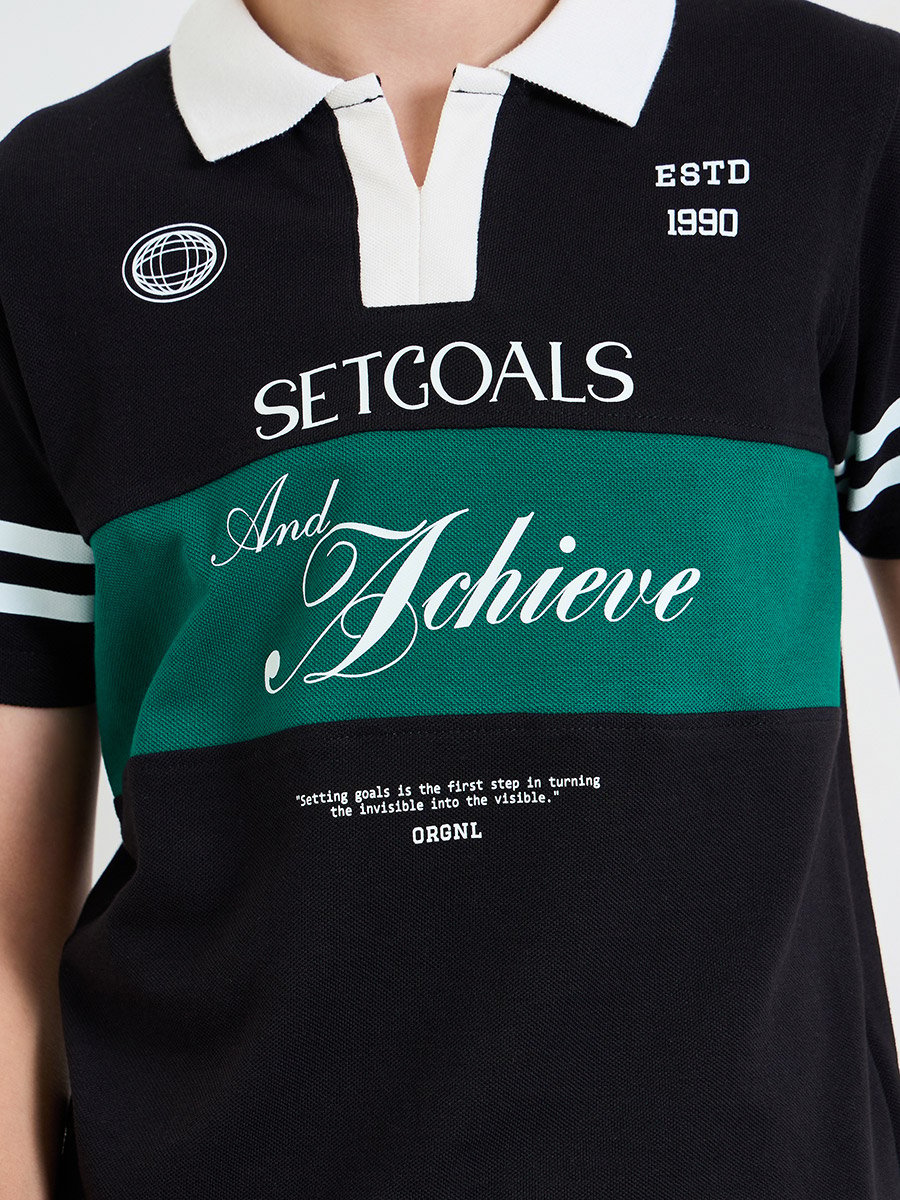 Boys Printed Polo T-Shirt with Contrast Collar