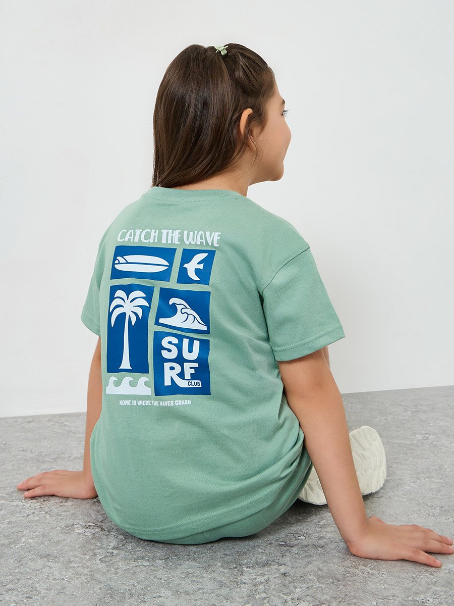 Girls Green Surf Graphic Print T-Shirt and Shorts Set