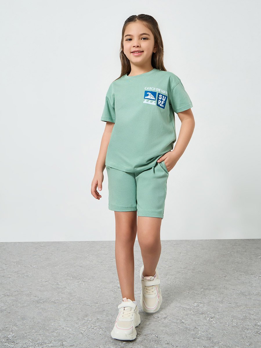 Girls Green Surf Graphic Print T-Shirt and Shorts Set