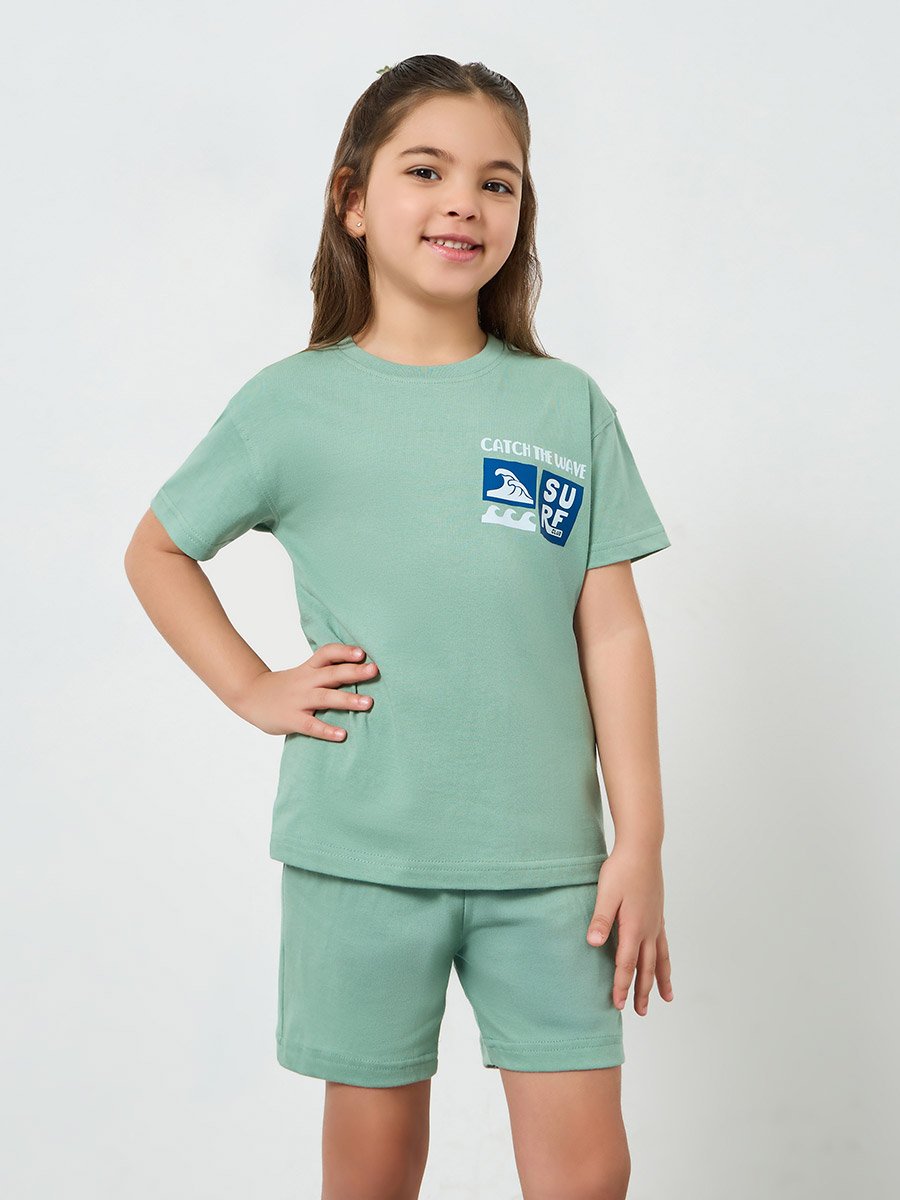 Girls Green Surf Graphic Print T-Shirt and Shorts Set