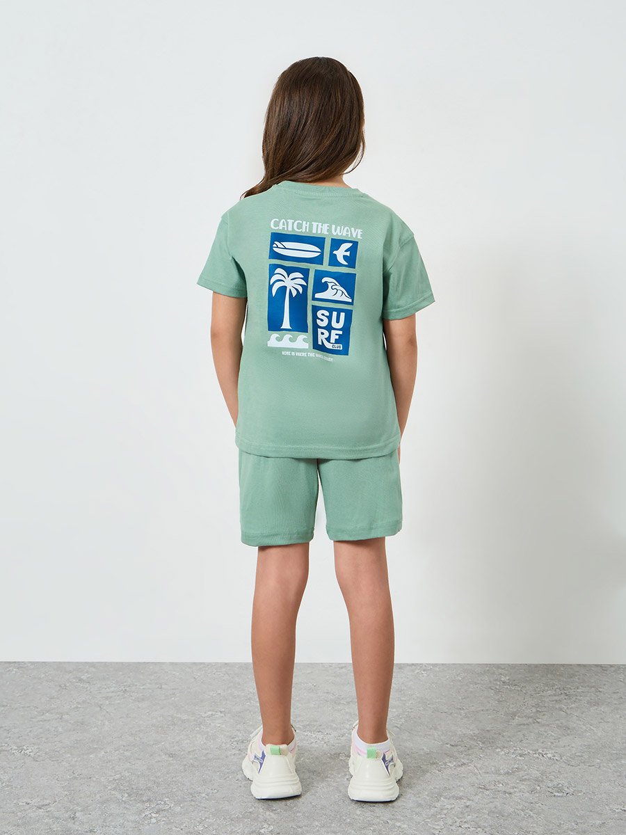 Girls Green Surf Graphic Print T-Shirt and Shorts Set