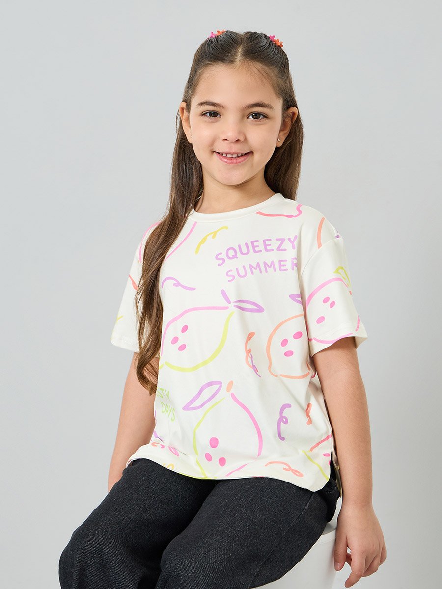 Girls Printed Drop Shoulder Sleeve T-Shirt