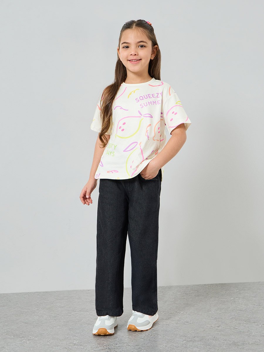 Girls Printed Drop Shoulder Sleeve T-Shirt