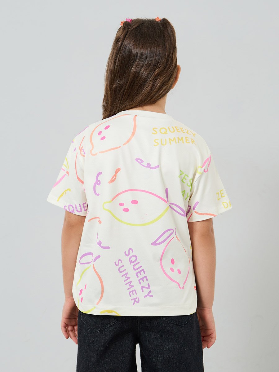 Girls Printed Drop Shoulder Sleeve T-Shirt