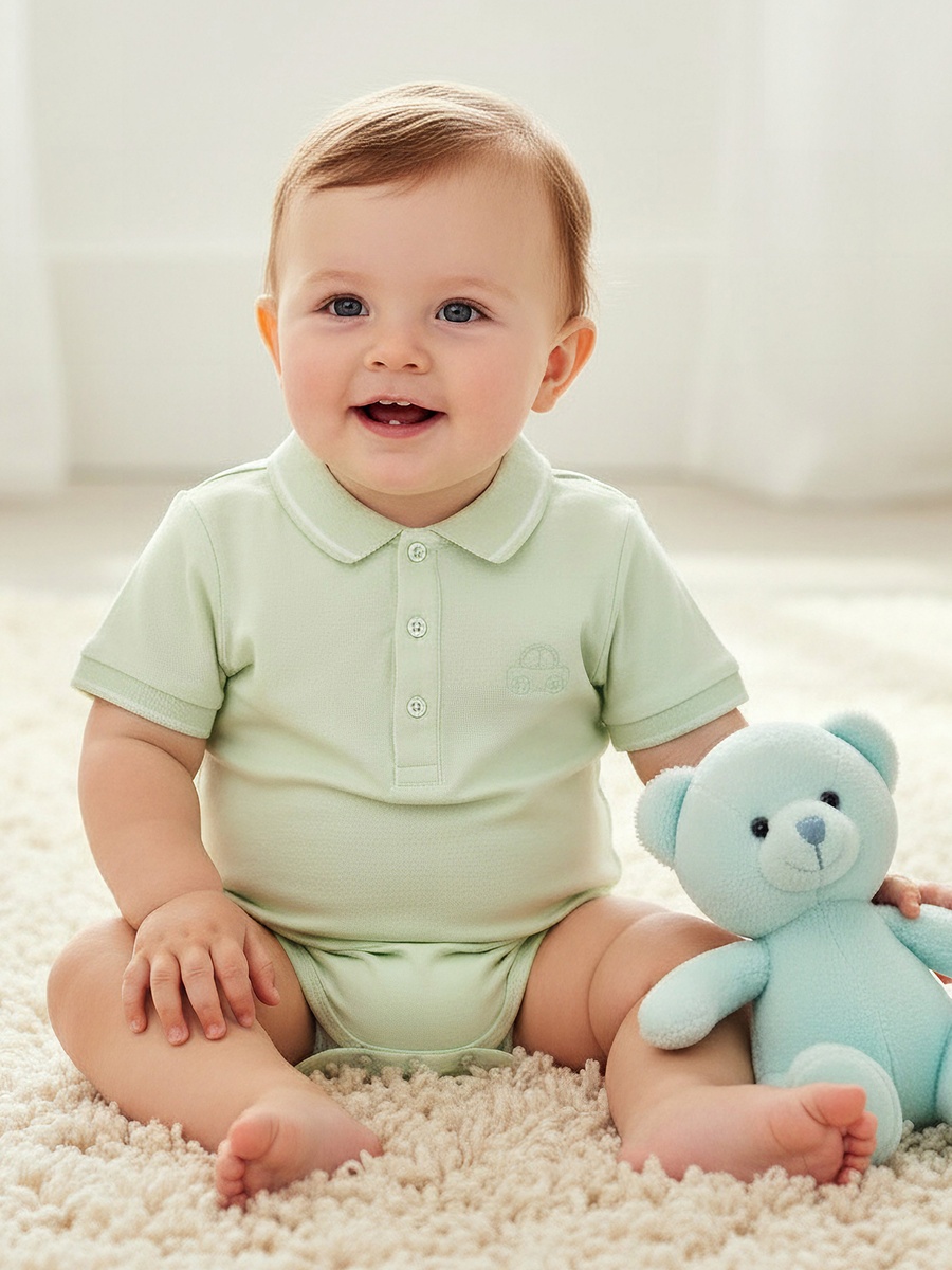 Polo Neck Short Sleeves Bodysuit with Snap Closure