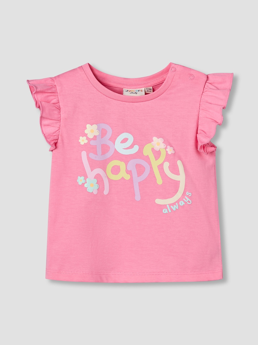 Round Neck Cap Sleeves T-Shirt with Slogan Print