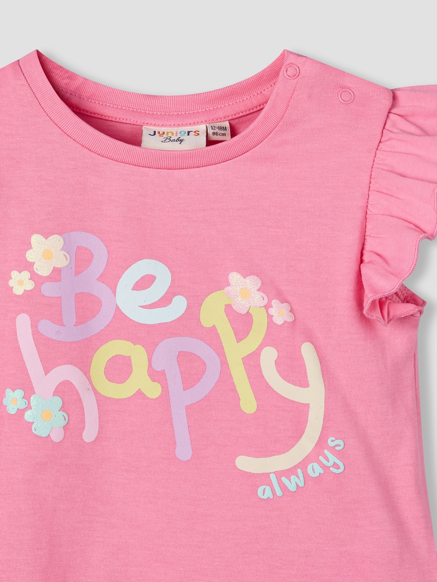 Round Neck Cap Sleeves T-Shirt with Slogan Print