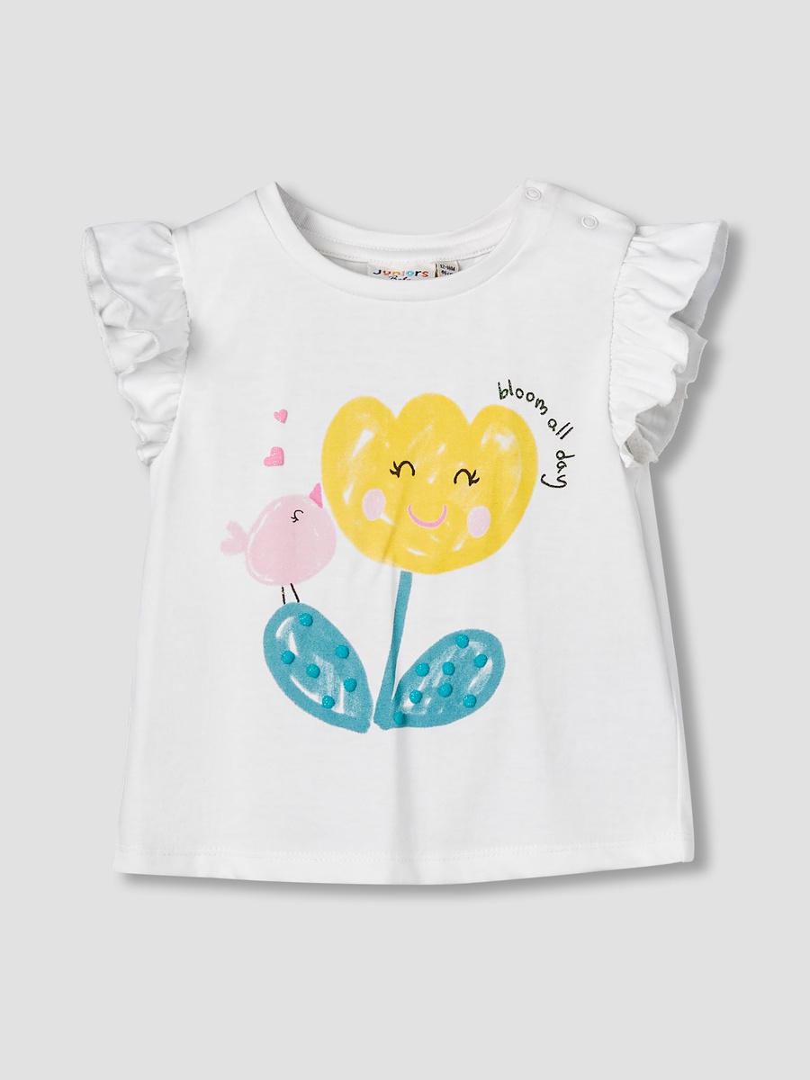 Round Neck Ruffle Cap Sleeves T-Shirt with Graphic Print