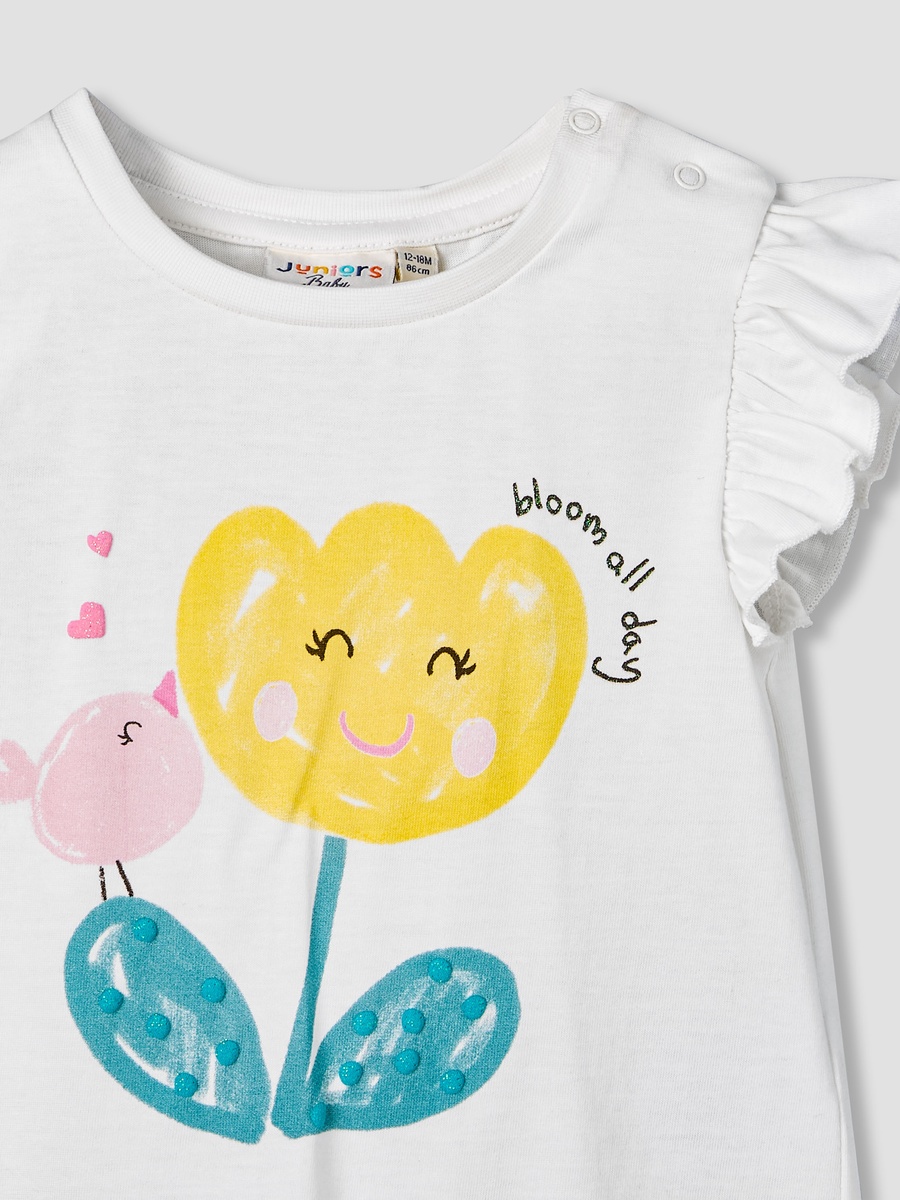Round Neck Ruffle Cap Sleeves T-Shirt with Graphic Print