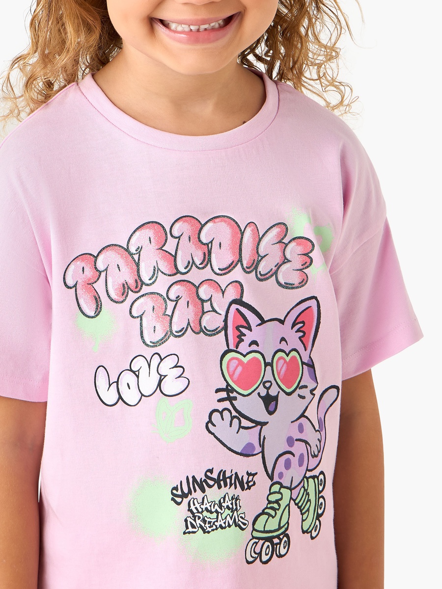 Crew Neck Short Sleeves T-Shirt with Cat Print