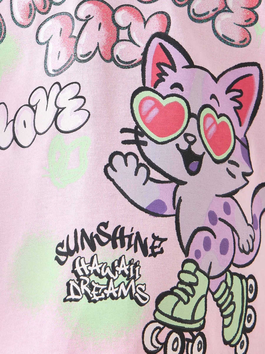 Crew Neck Short Sleeves T-Shirt with Cat Print