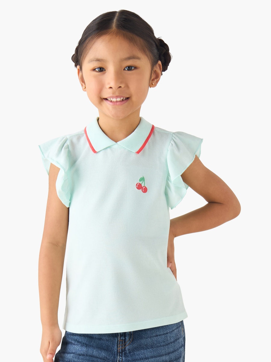 Collared Ruffle Sleeves Polo T-Shirt with Cherry Embroidery