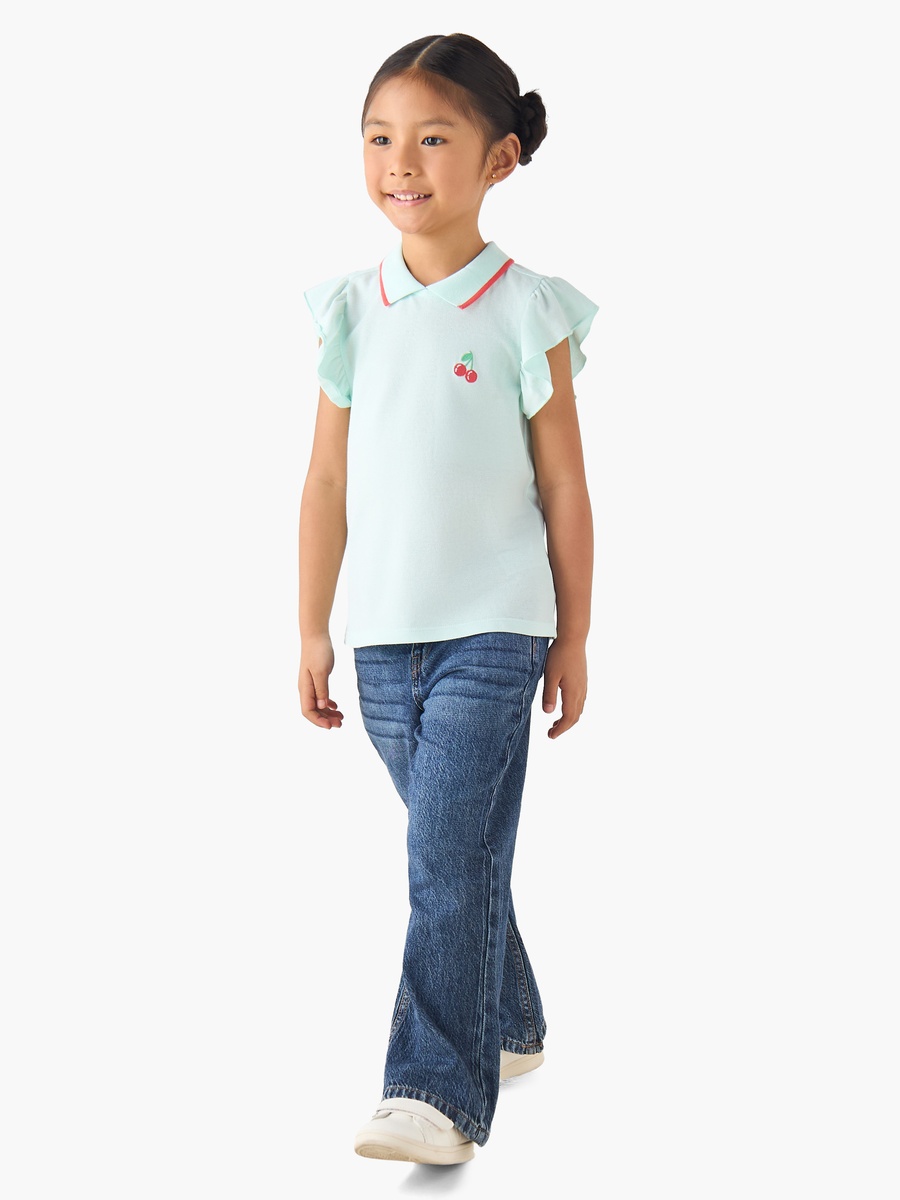Collared Ruffle Sleeves Polo T-Shirt with Cherry Embroidery