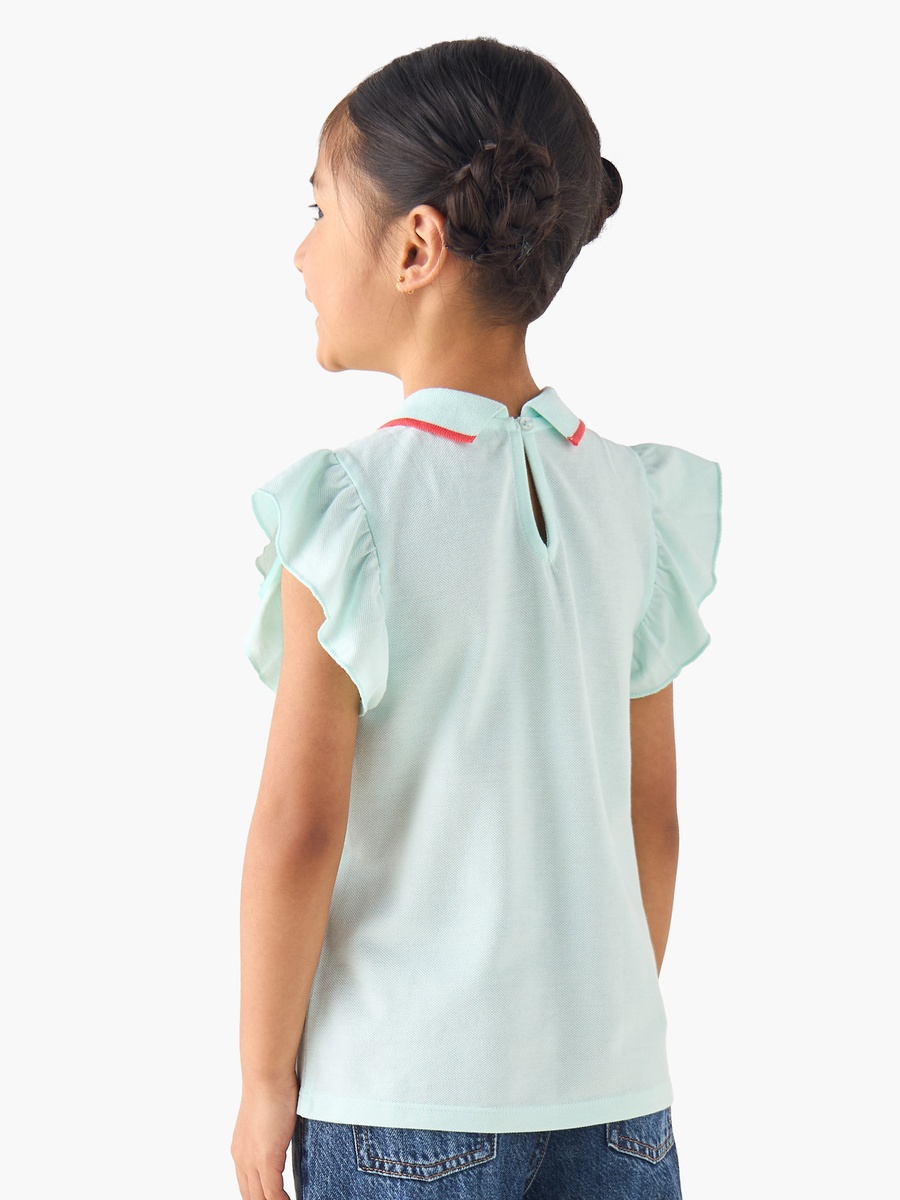 Collared Ruffle Sleeves Polo T-Shirt with Cherry Embroidery