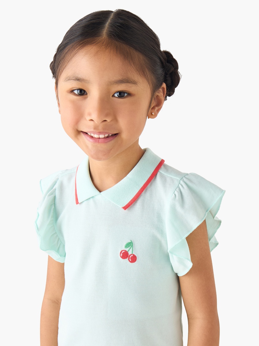 Collared Ruffle Sleeves Polo T-Shirt with Cherry Embroidery