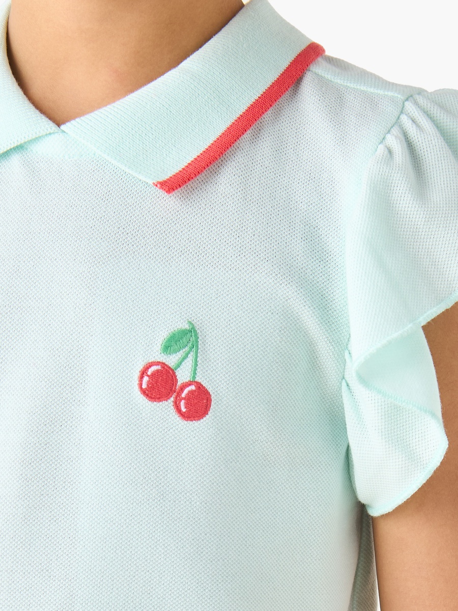 Collared Ruffle Sleeves Polo T-Shirt with Cherry Embroidery