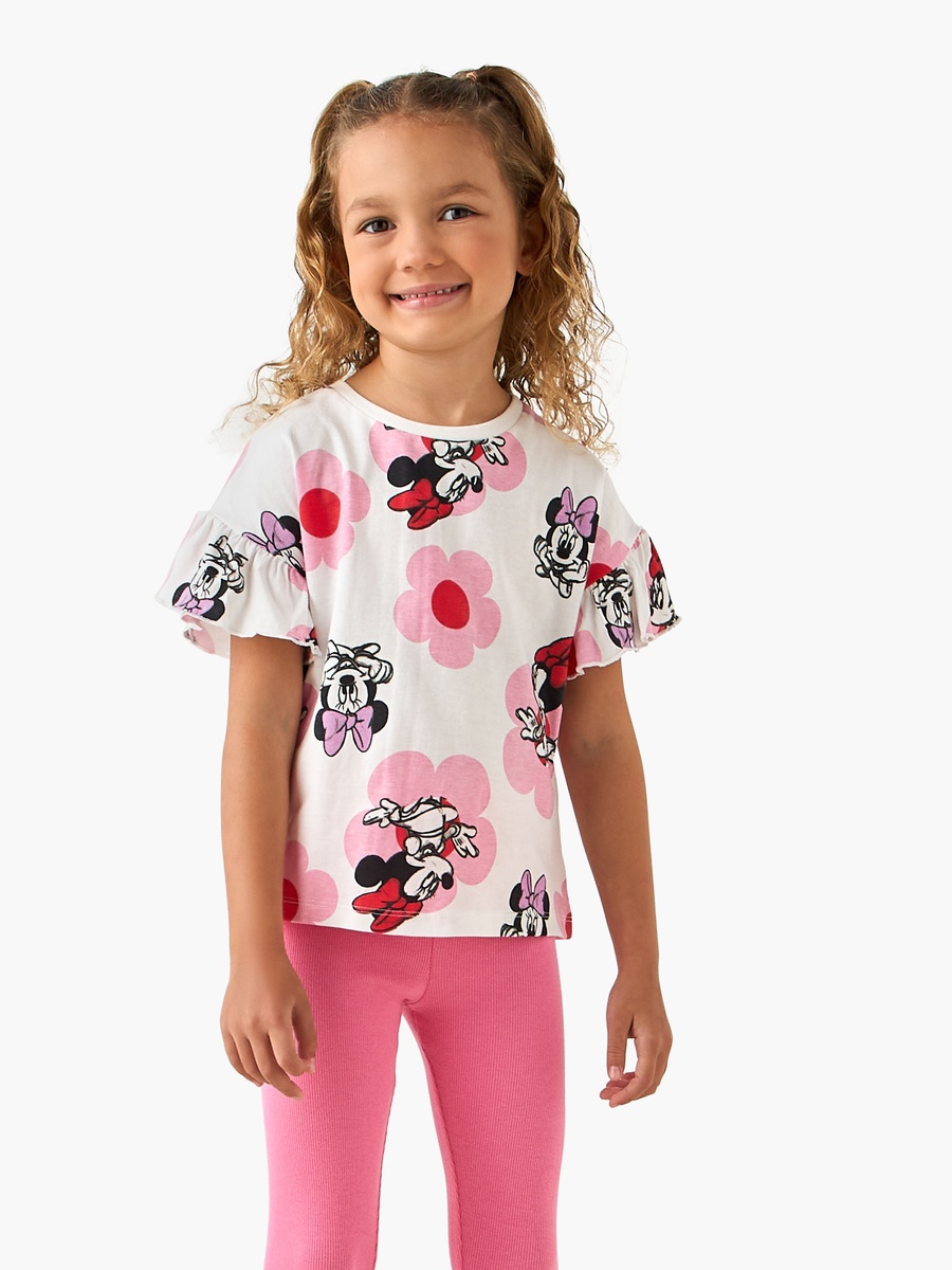 Crew Neck Short Ruffle Sleeves T-Shirt with Minnie Mouse Print