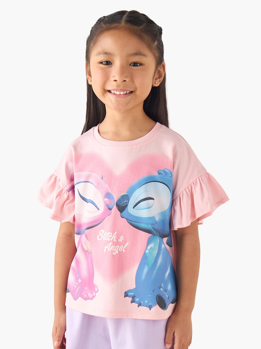 Crew Neck Short Ruffle Sleeves T-Shirt with Stitch and Angel Print