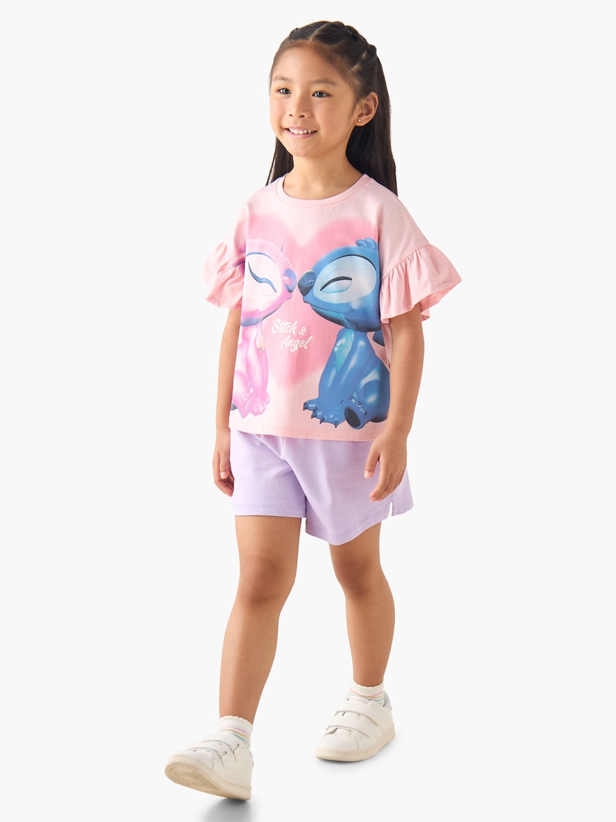 Crew Neck Short Ruffle Sleeves T-Shirt with Stitch and Angel Print