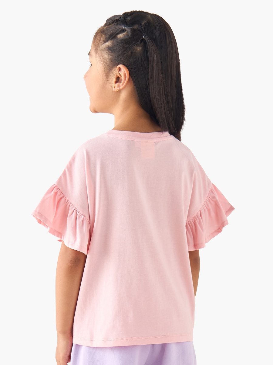 Crew Neck Short Ruffle Sleeves T-Shirt with Stitch and Angel Print