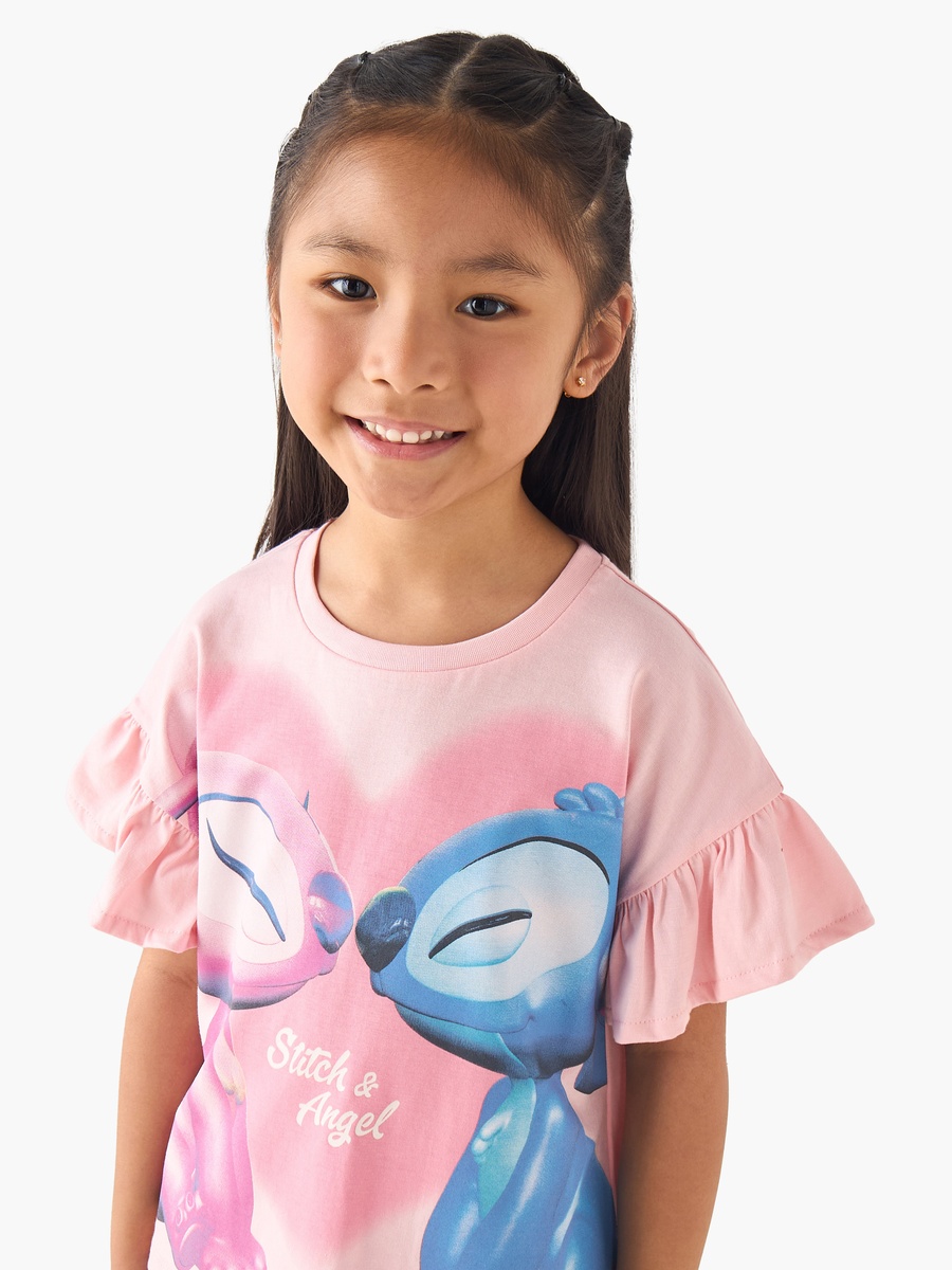 Crew Neck Short Ruffle Sleeves T-Shirt with Stitch and Angel Print
