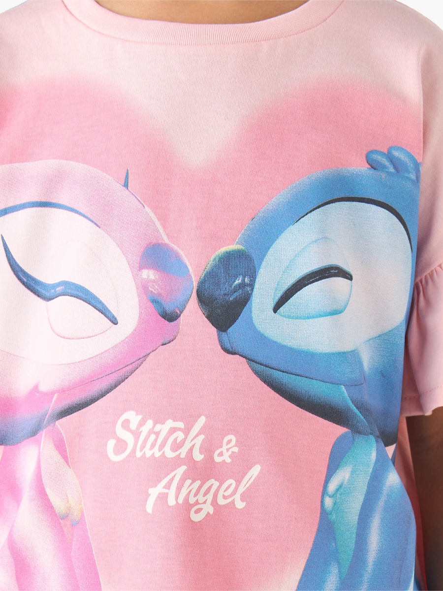 Crew Neck Short Ruffle Sleeves T-Shirt with Stitch and Angel Print
