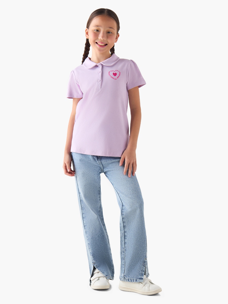 Peter Pan Collar Short Sleeves Polo T-Shirt with Heart Embroidery