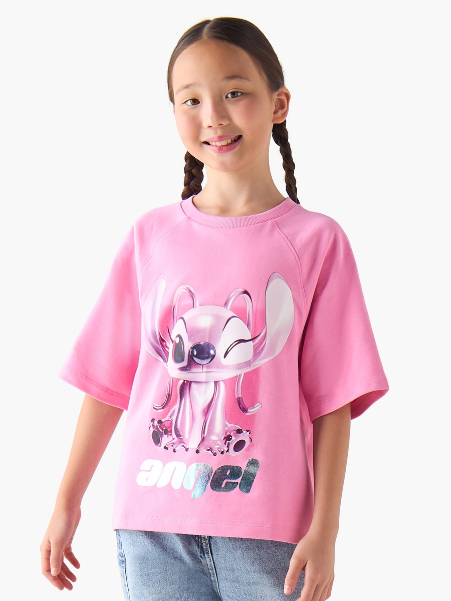 Crew Neck Short Raglan Sleeves T-Shirt with Angel Foil Print
