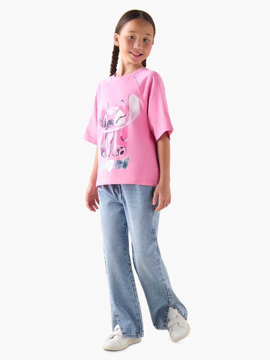 Crew Neck Short Raglan Sleeves T-Shirt with Angel Foil Print