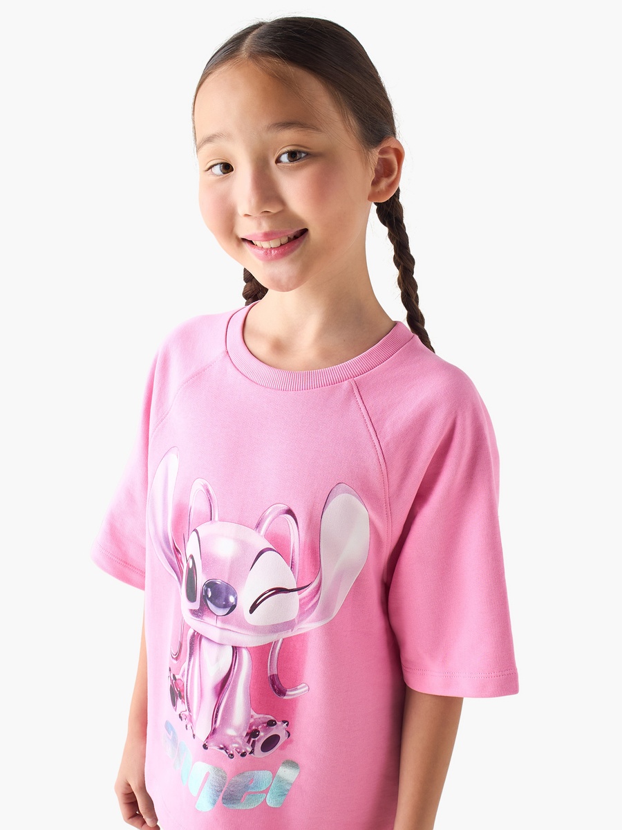 Crew Neck Short Raglan Sleeves T-Shirt with Angel Foil Print