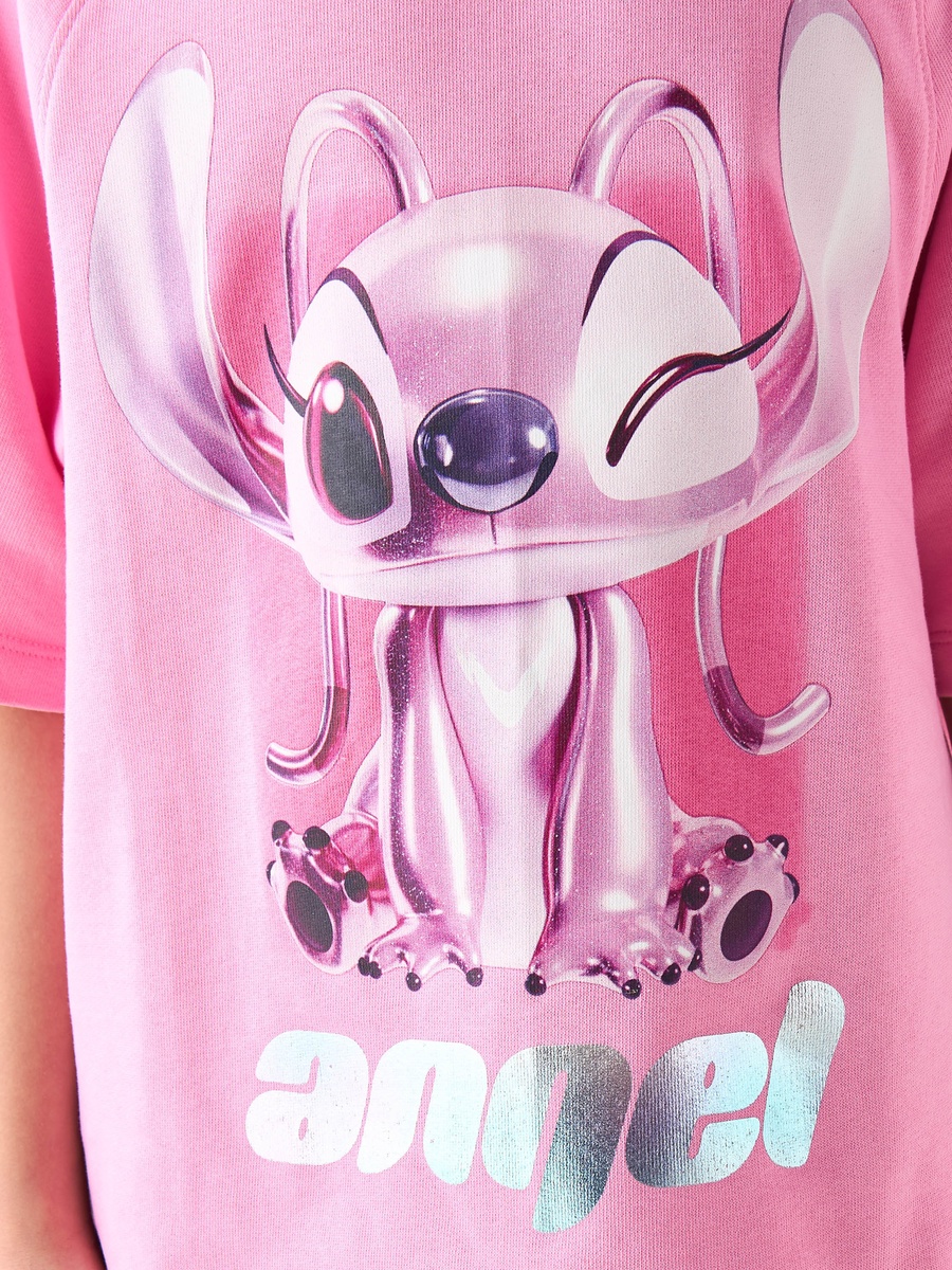 Crew Neck Short Raglan Sleeves T-Shirt with Angel Foil Print