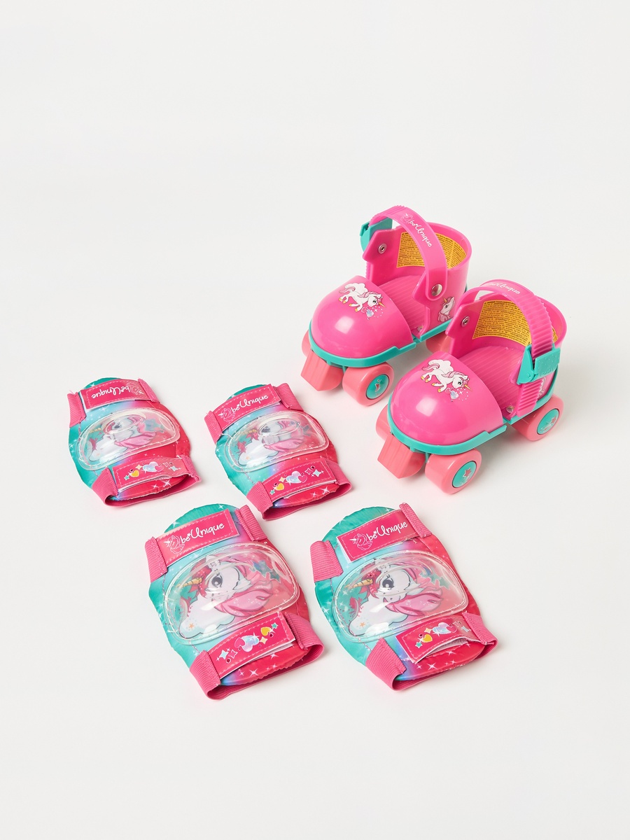 Unicorn Print Roller Skates with Elbow and Knee Pads