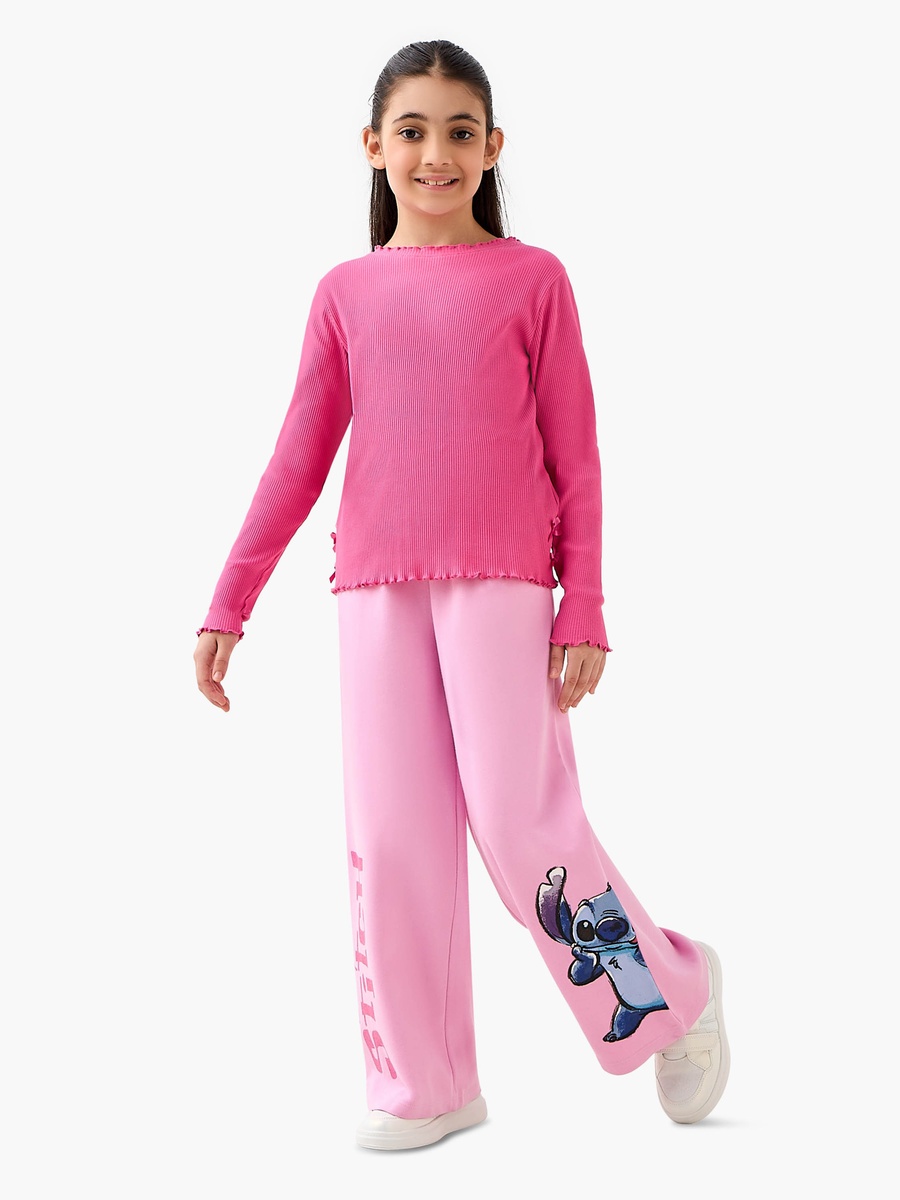 Drawstring Waist Track Pants with Stitch Glitter Print