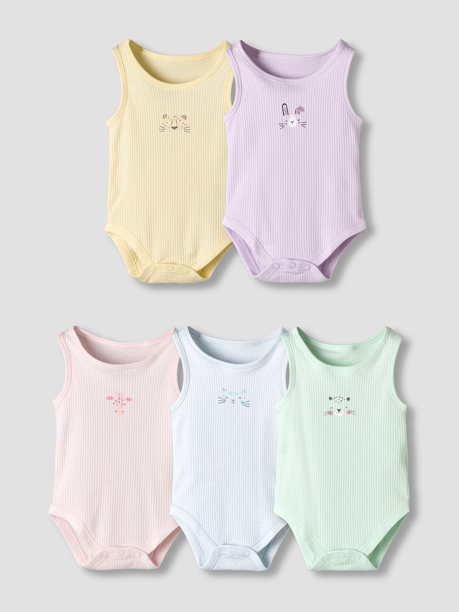 Pack of 5 Round Neck Sleeveless Bodysuit with Ribbed Design