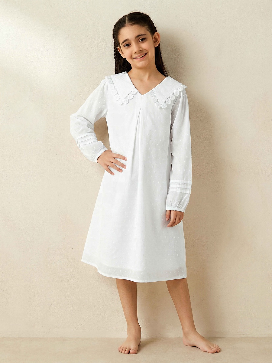 Cotton Sailor Collar Long Sleeves Night Dress with Lace Detail
