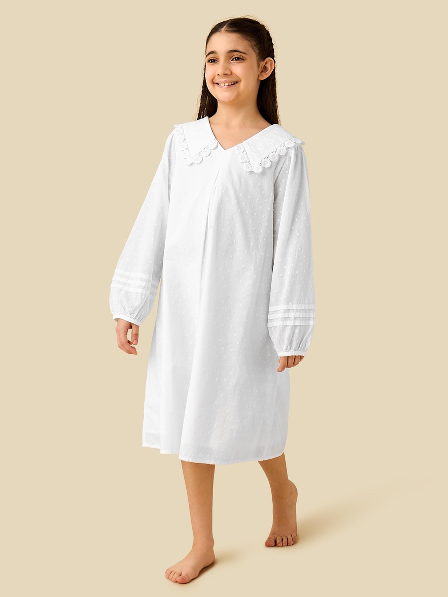 Cotton Sailor Collar Long Sleeves Night Dress with Lace Detail