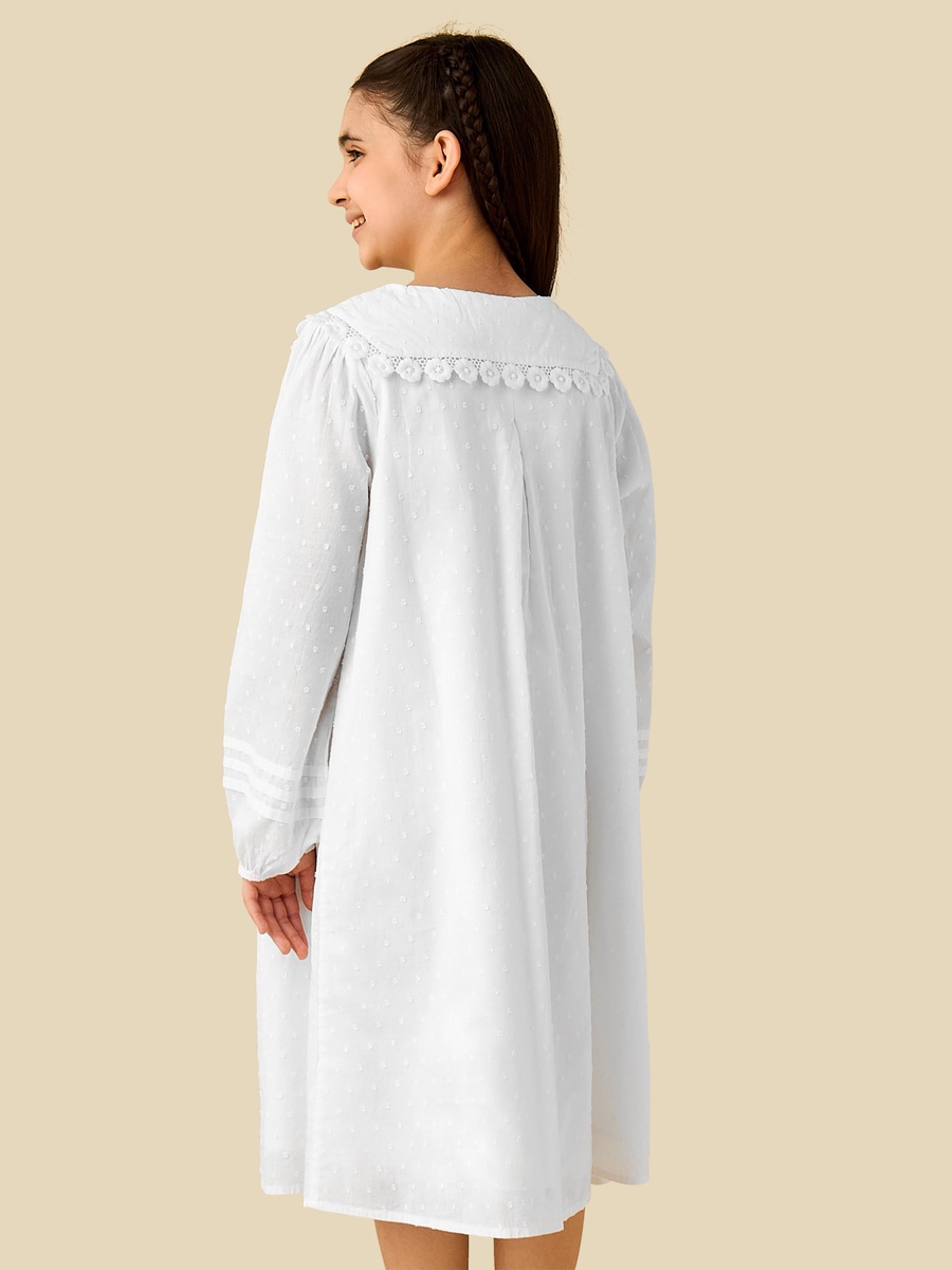 Cotton Sailor Collar Long Sleeves Night Dress with Lace Detail