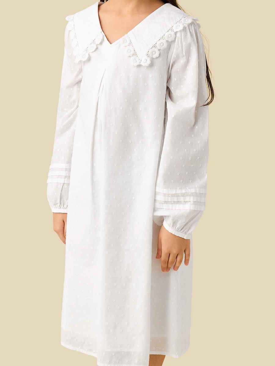 Cotton Sailor Collar Long Sleeves Night Dress with Lace Detail