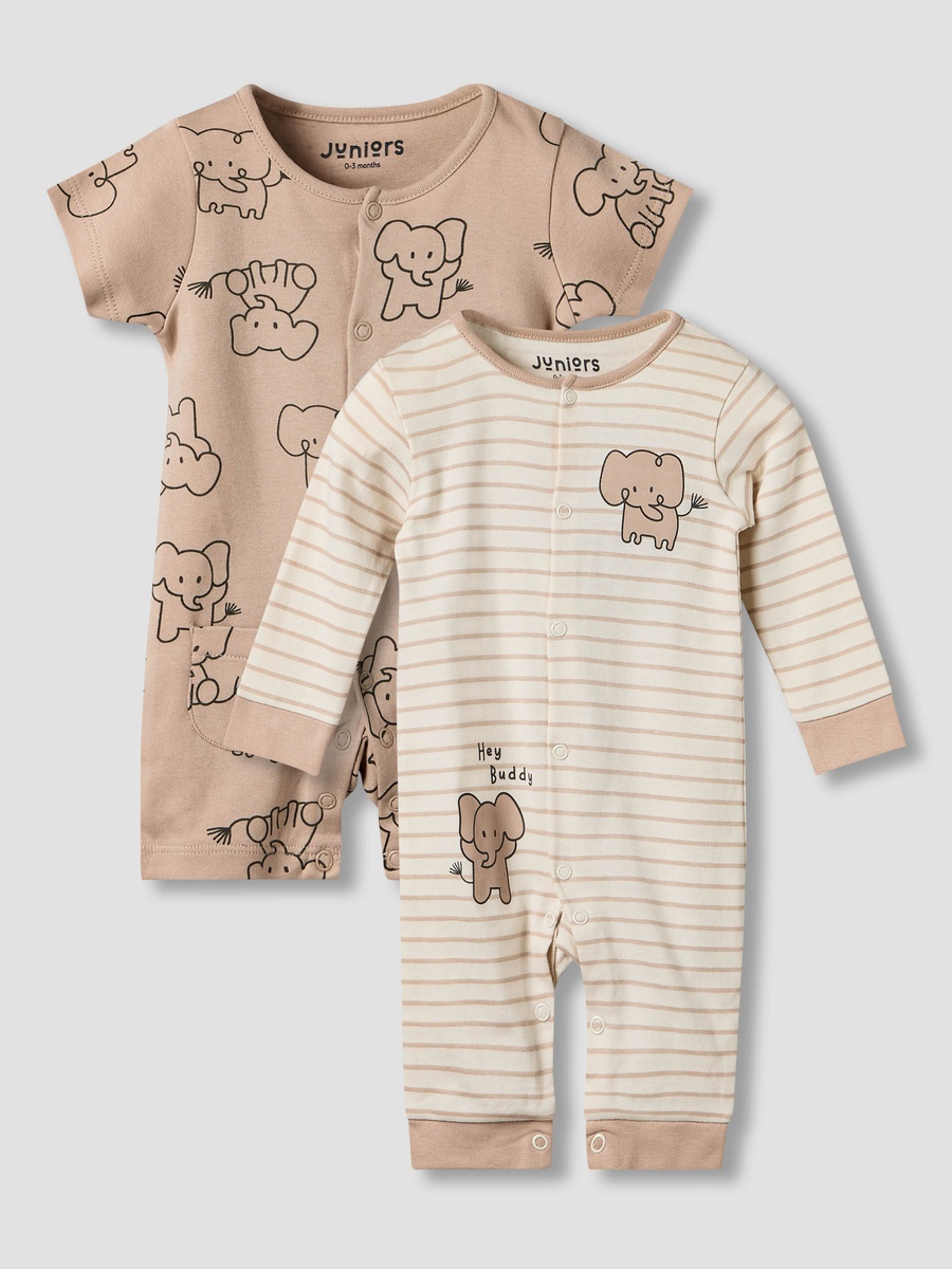 Set of 2 Cotton Round Neck Elephant Print Sleepsuit with Romper