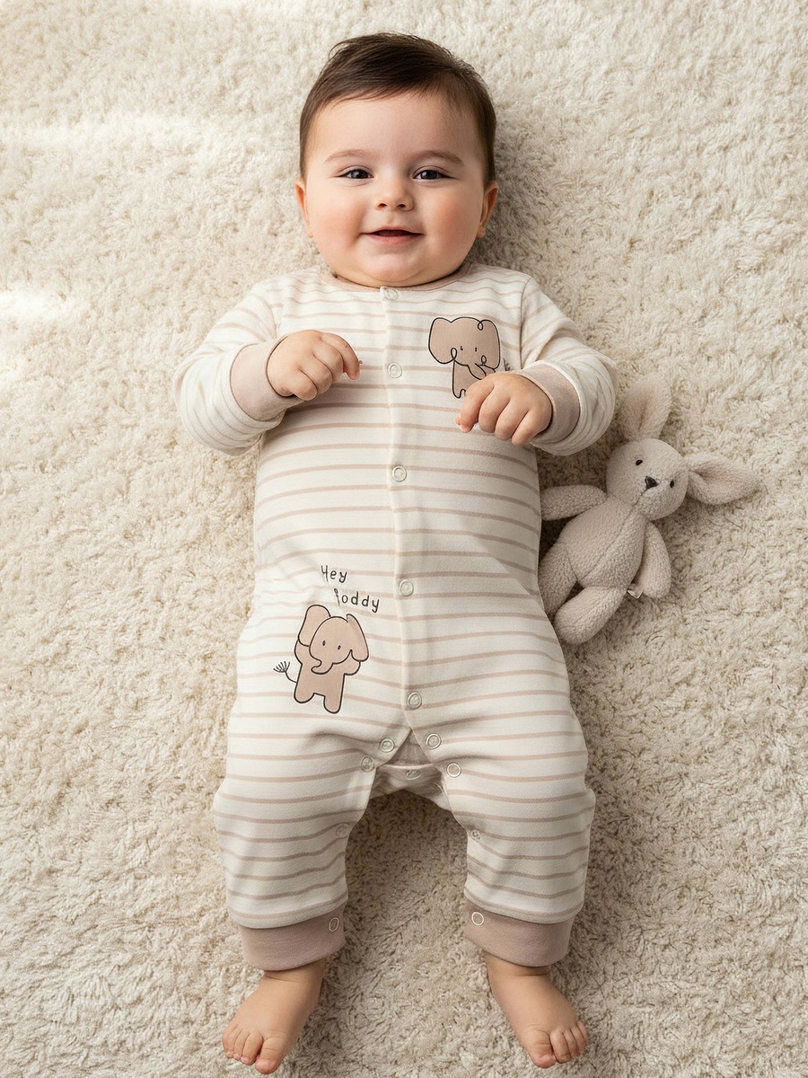 Set of 2 Cotton Round Neck Elephant Print Sleepsuit with Romper