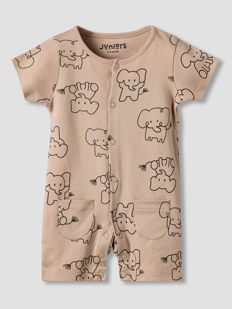 Set of 2 Cotton Round Neck Elephant Print Sleepsuit with Romper